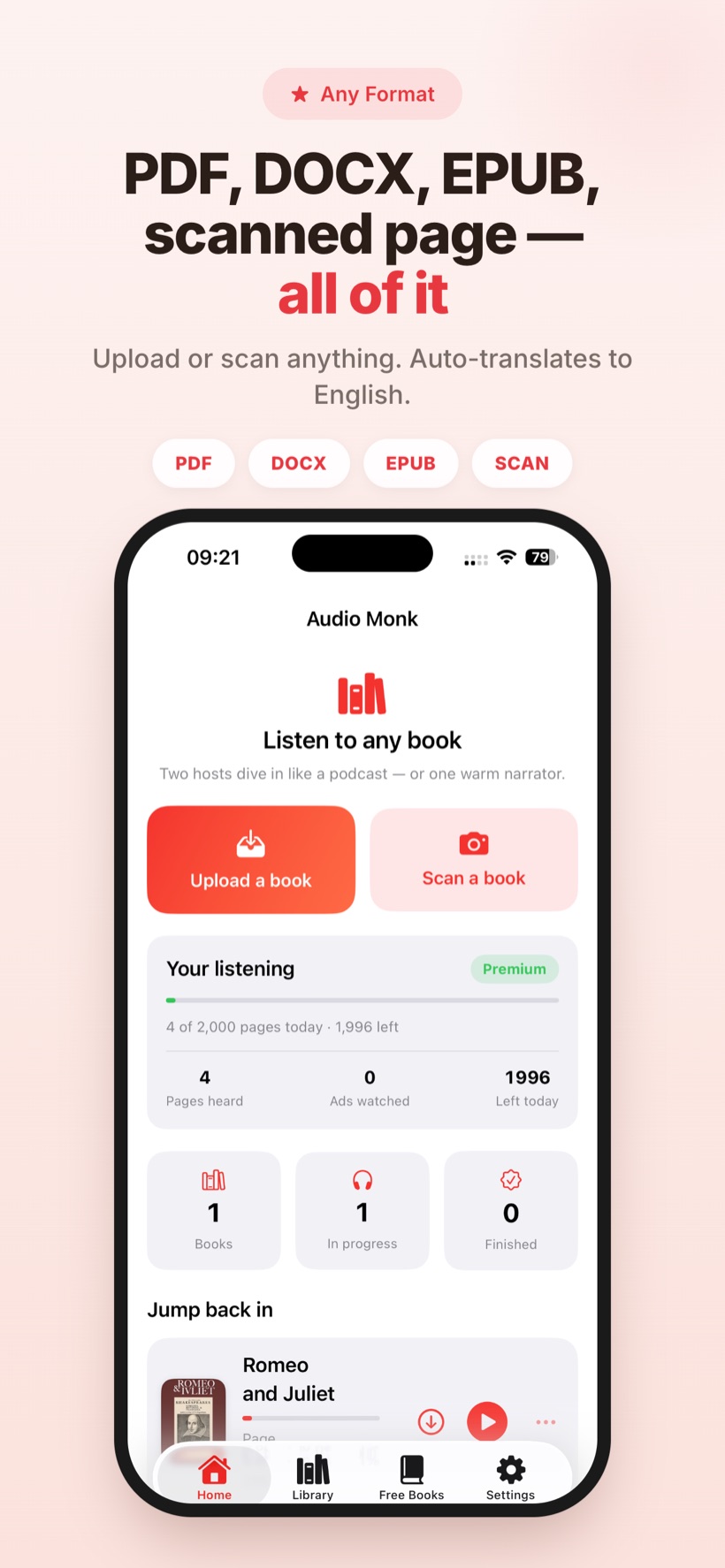 Audio Monk supports PDF, DOCX, EPUB and scanned pages