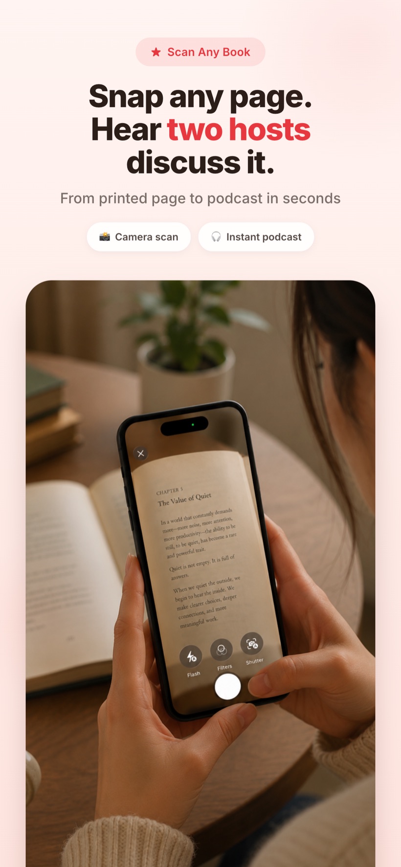 Scanning a book page with Audio Monk to hear two hosts discuss it