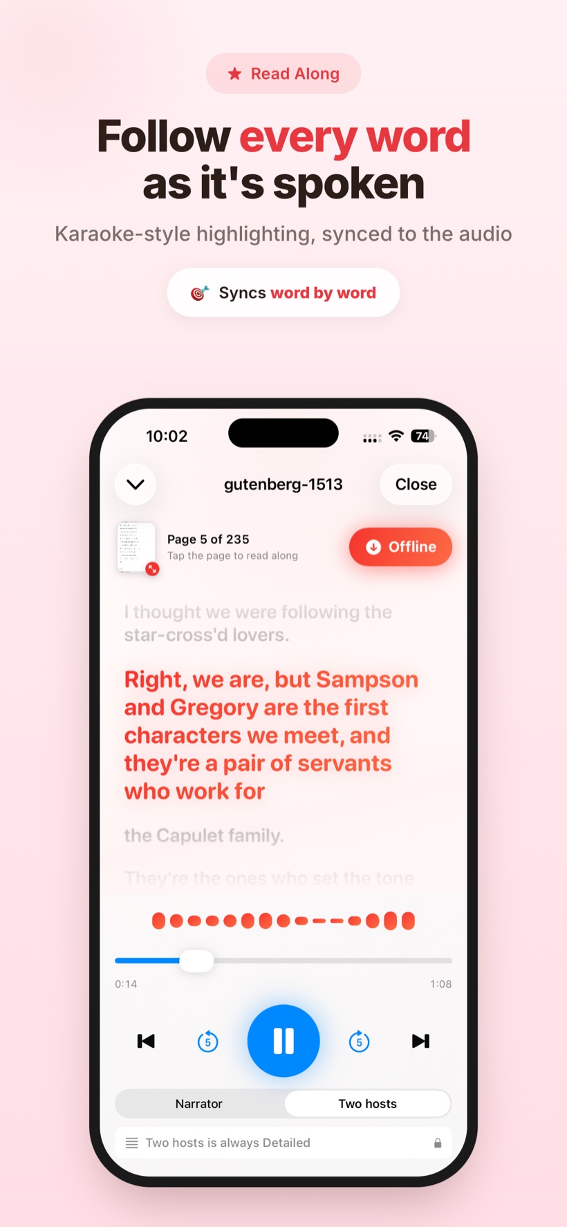 Karaoke-style word highlighting synced to the audio